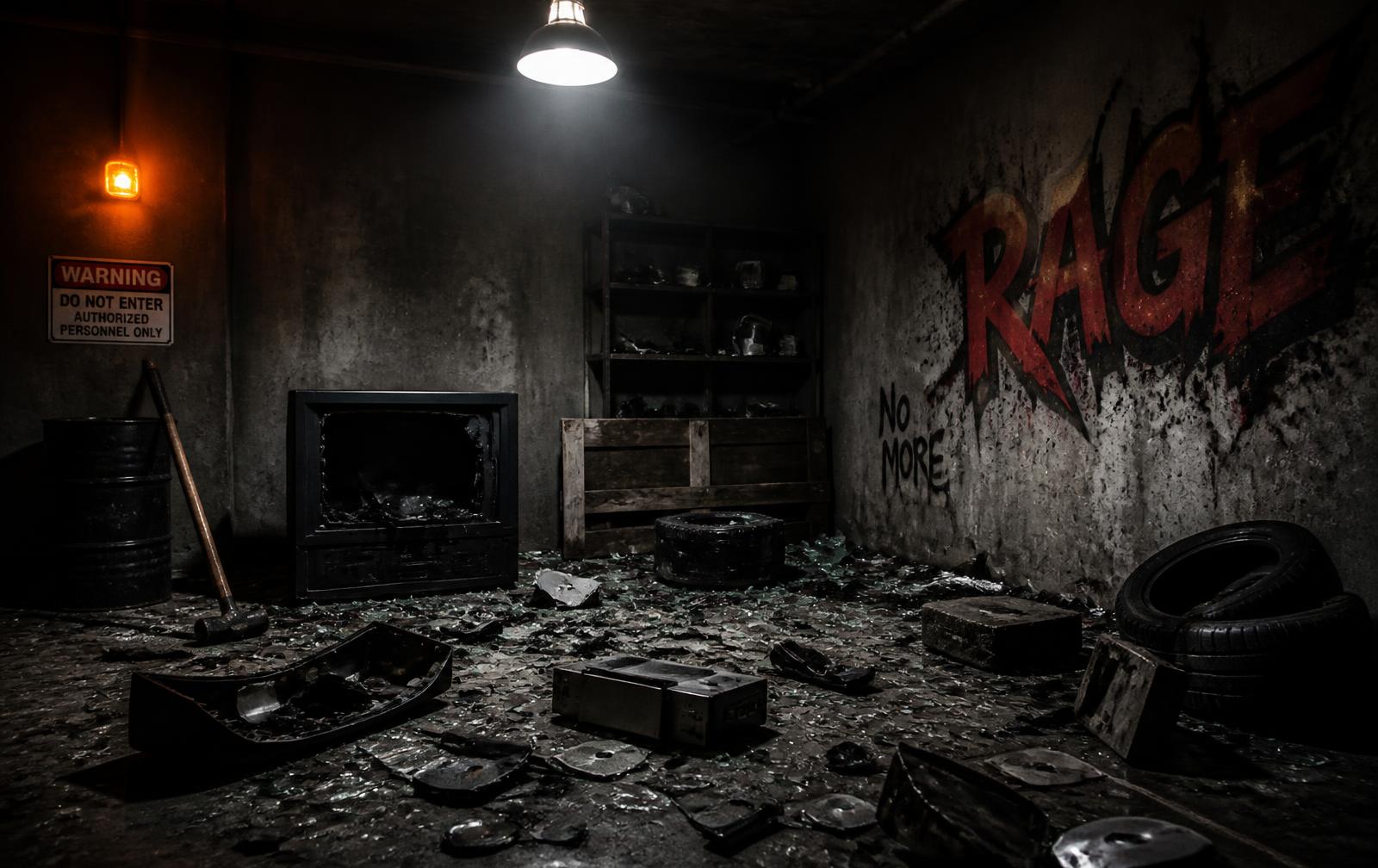 Dark concrete rage room with broken glass and a smashed television